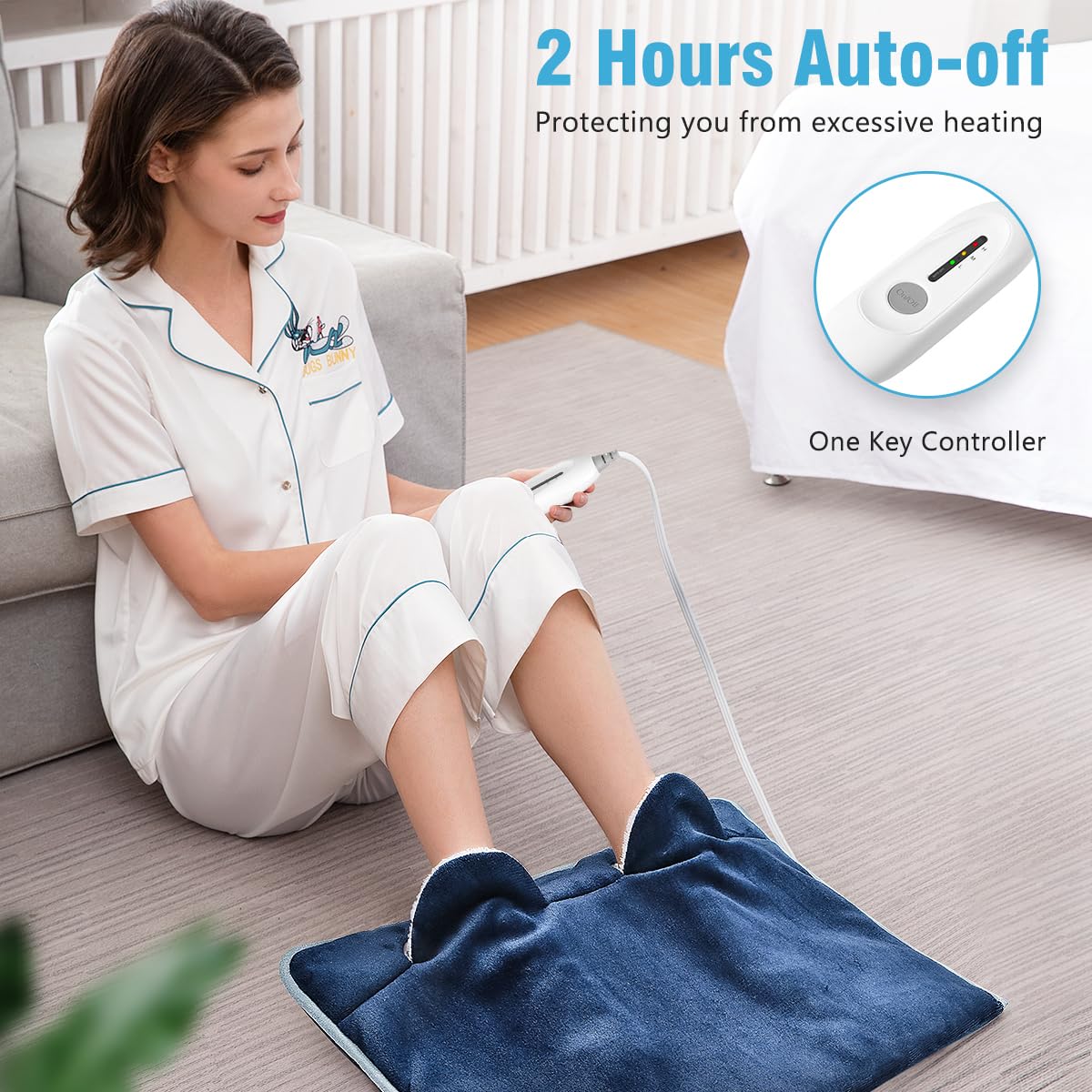 Proaller foot warmer pad being used on abdomen for cramp relief