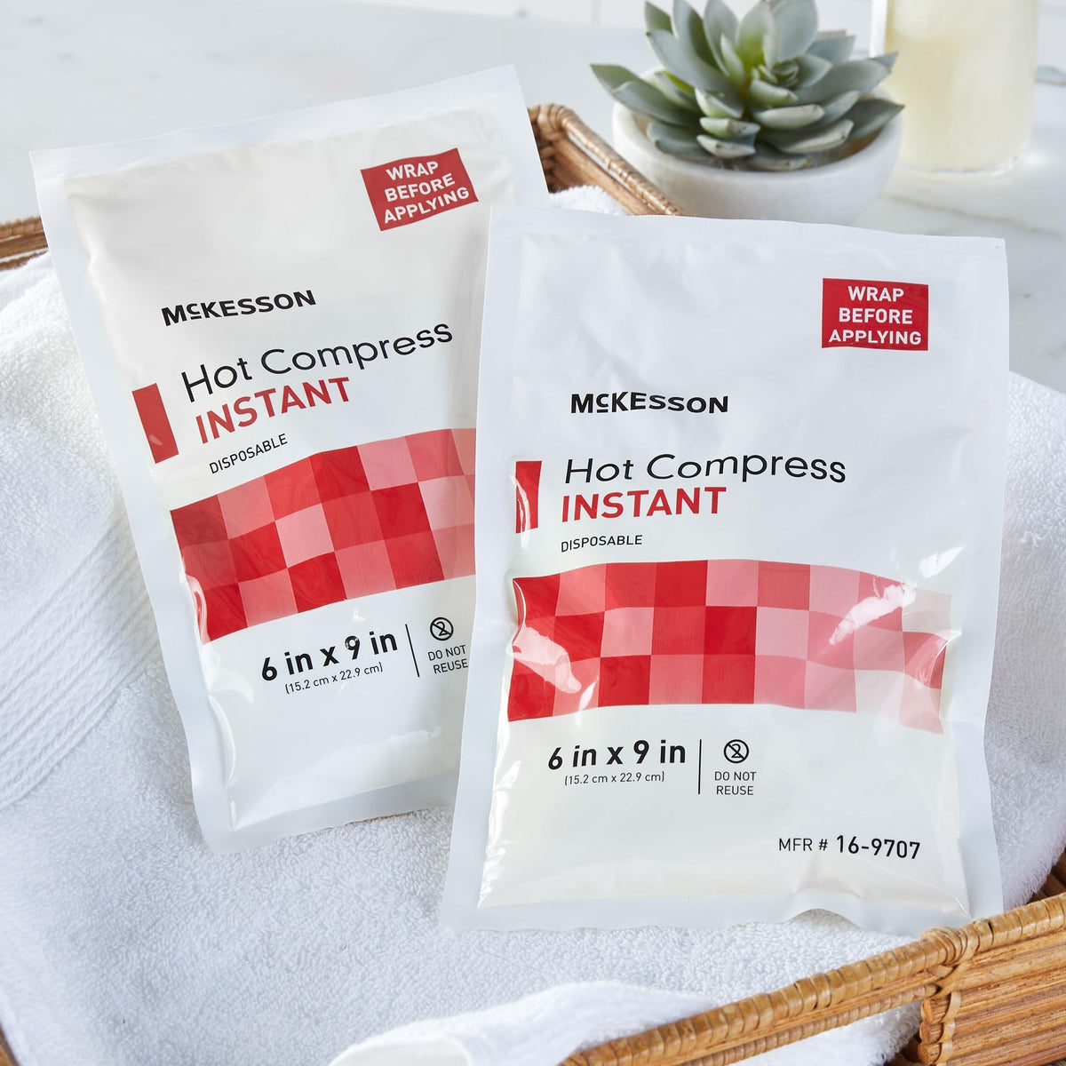 McKesson disposable hot compress displaying clear application instructions