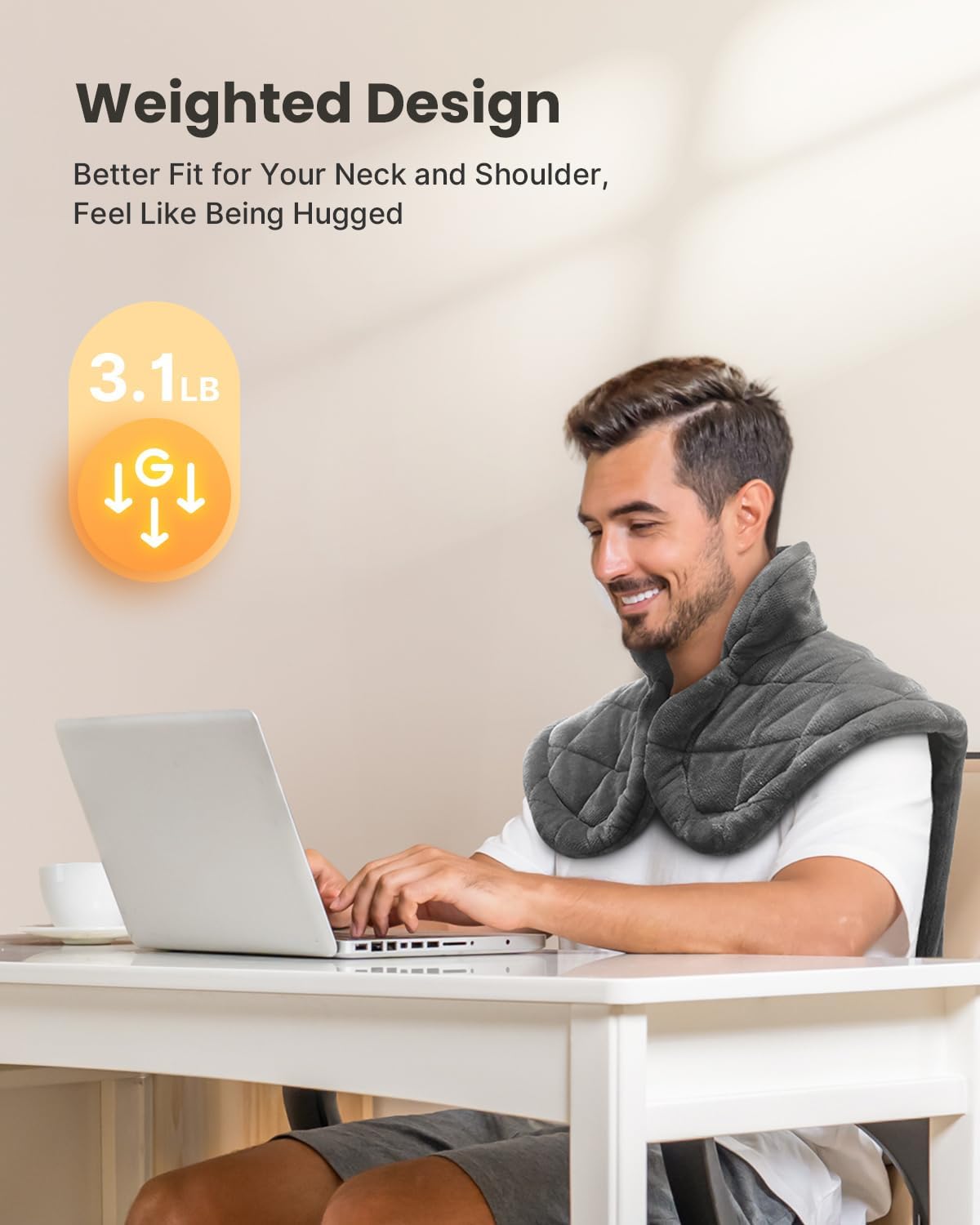 Large 24 by 33 inches electric heat pad draped over the shoulders for target pain relief.