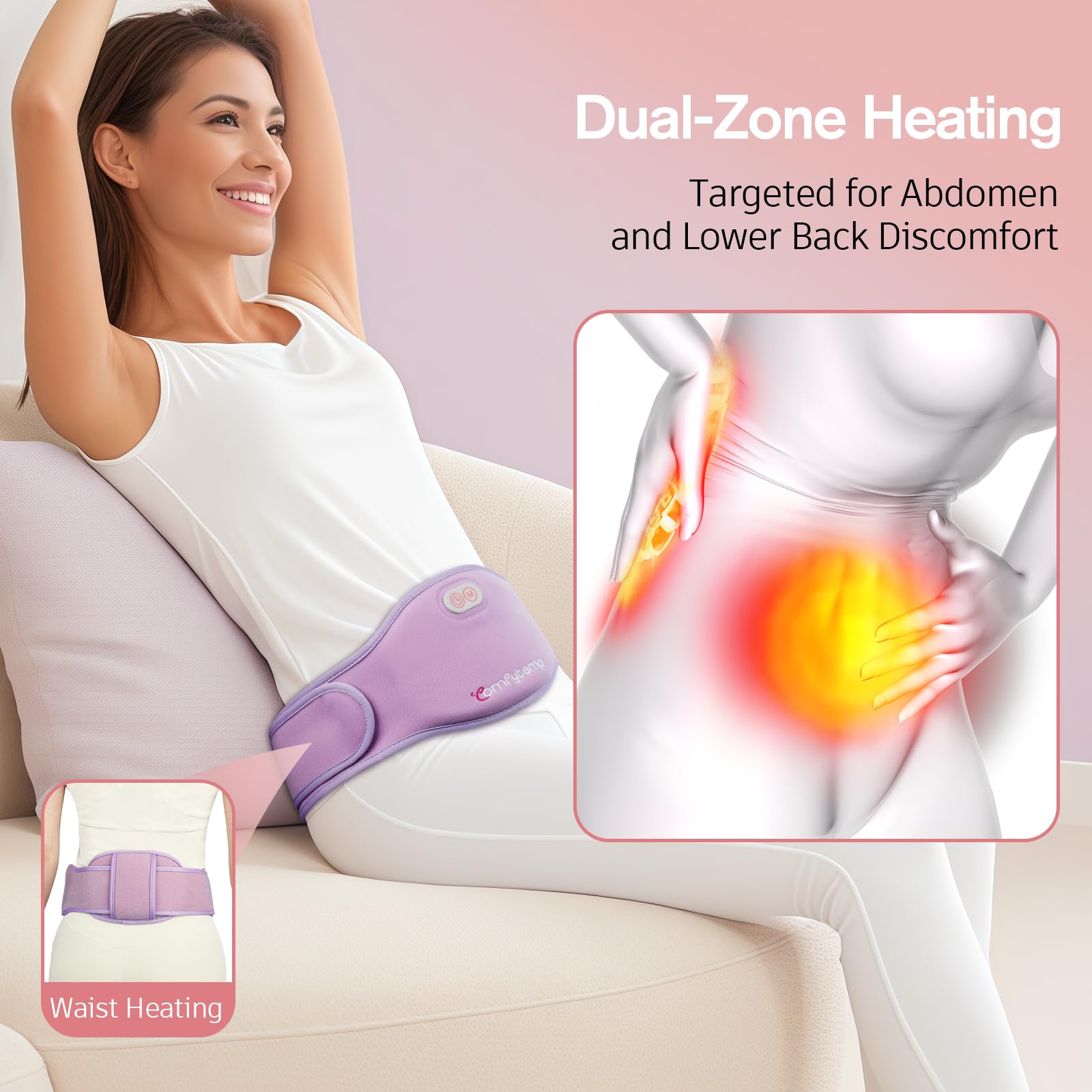 Comfytemp cordless menstrual heating belt showing the soft velvet interior material and adjustable waist strap.