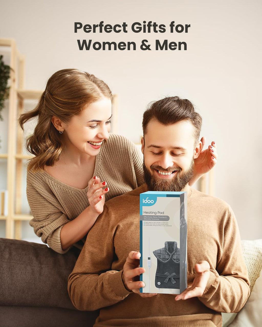 Packaging box of the iDOO weighted heating pad for health and personal care.