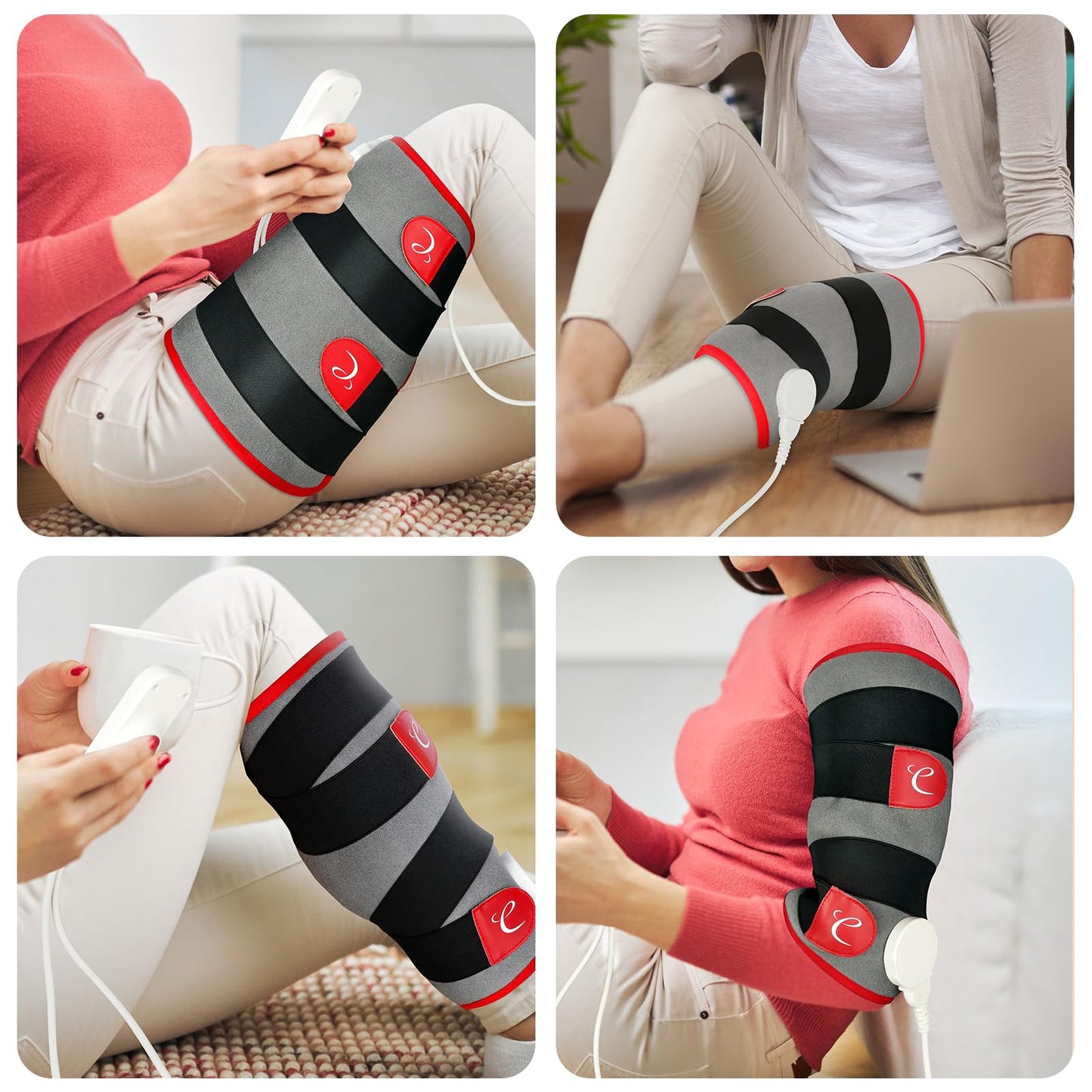 Comfytemp electric heat wrap secured tightly around a user's calf for pain relief