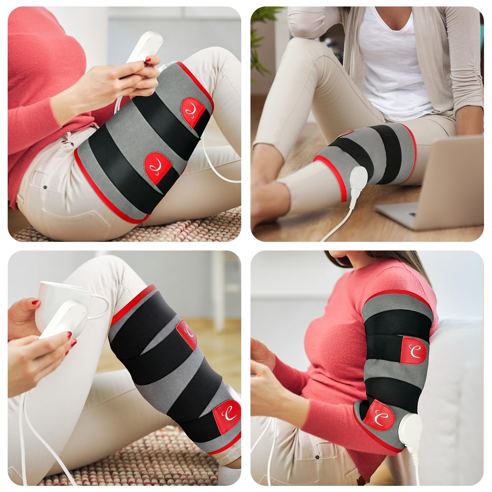Comfytemp electric heat wrap secured tightly around a user's calf for pain relief