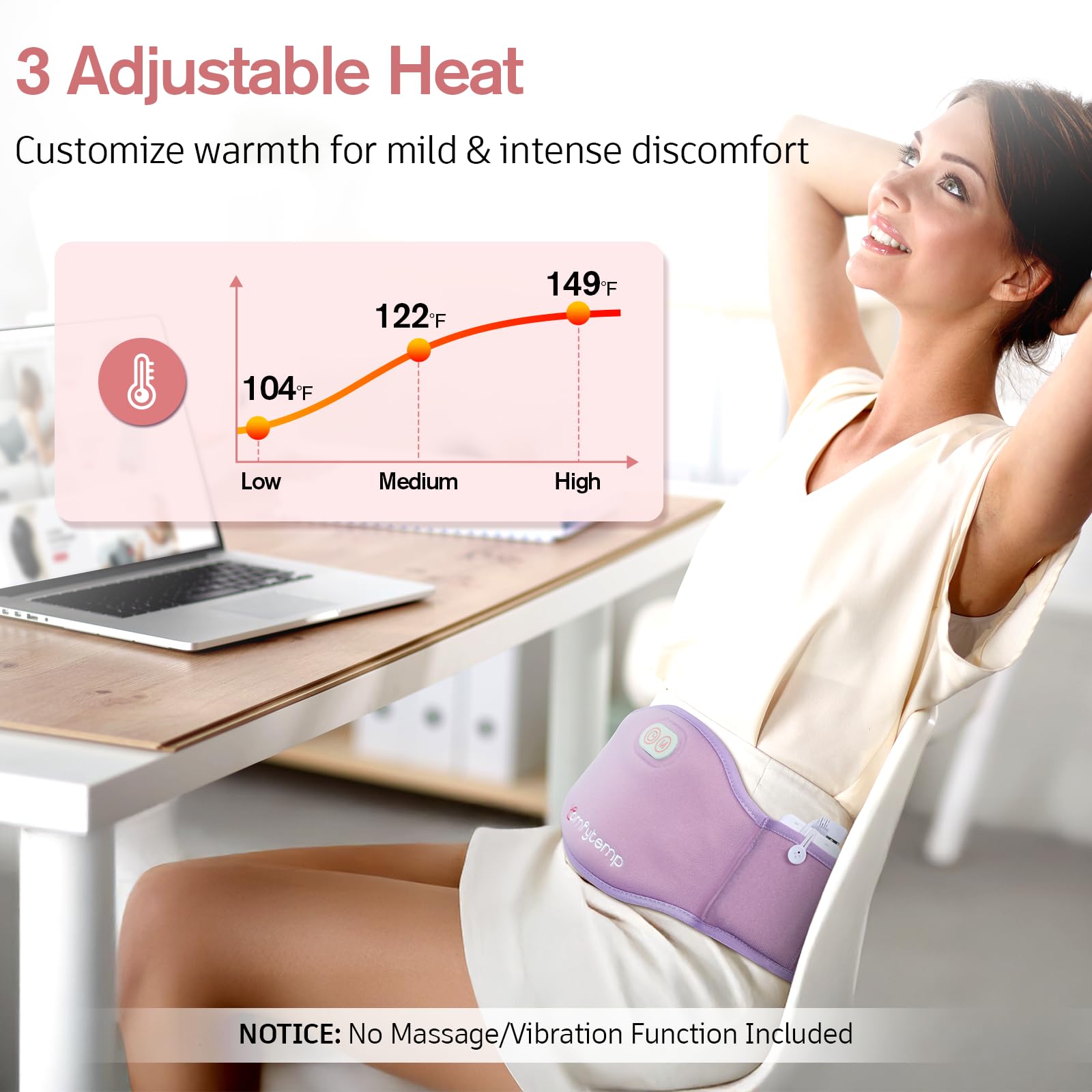 Close up view of the expanded dual heating zones on the Comfytemp abdominal thermal belt for women.