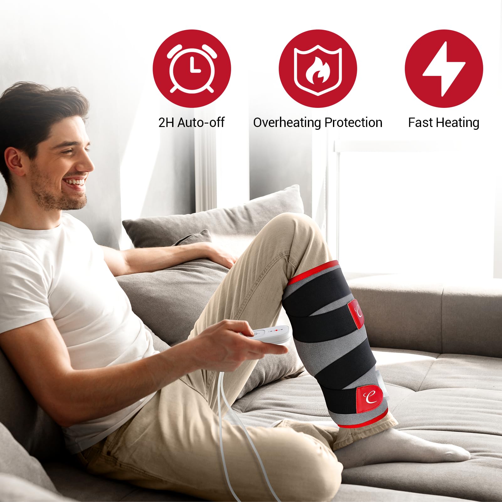 Comfytemp wearable heating pad applied to the thigh showing adjustable velcro straps