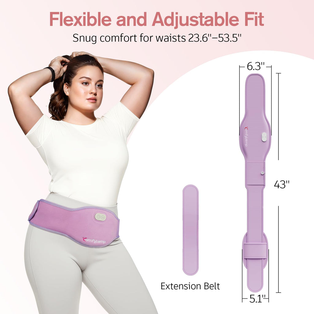 Comfytemp wireless back and belly warming belt laid flat to show full length adjustable elastic strap extension.