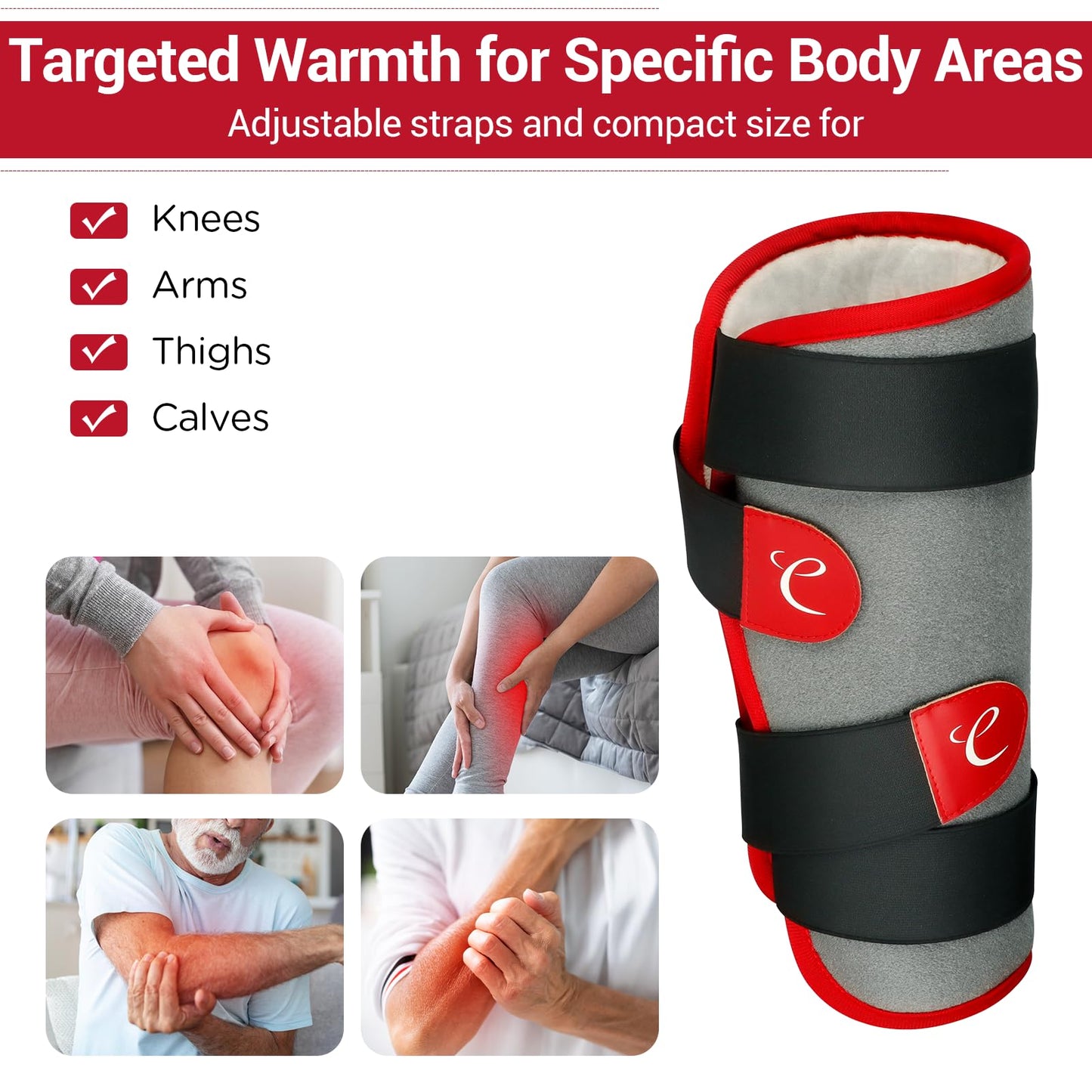 Comfytemp electric limb heating wrap laid flat displaying the red trim design
