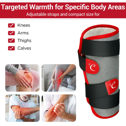 Comfytemp electric limb heating wrap laid flat displaying the red trim design