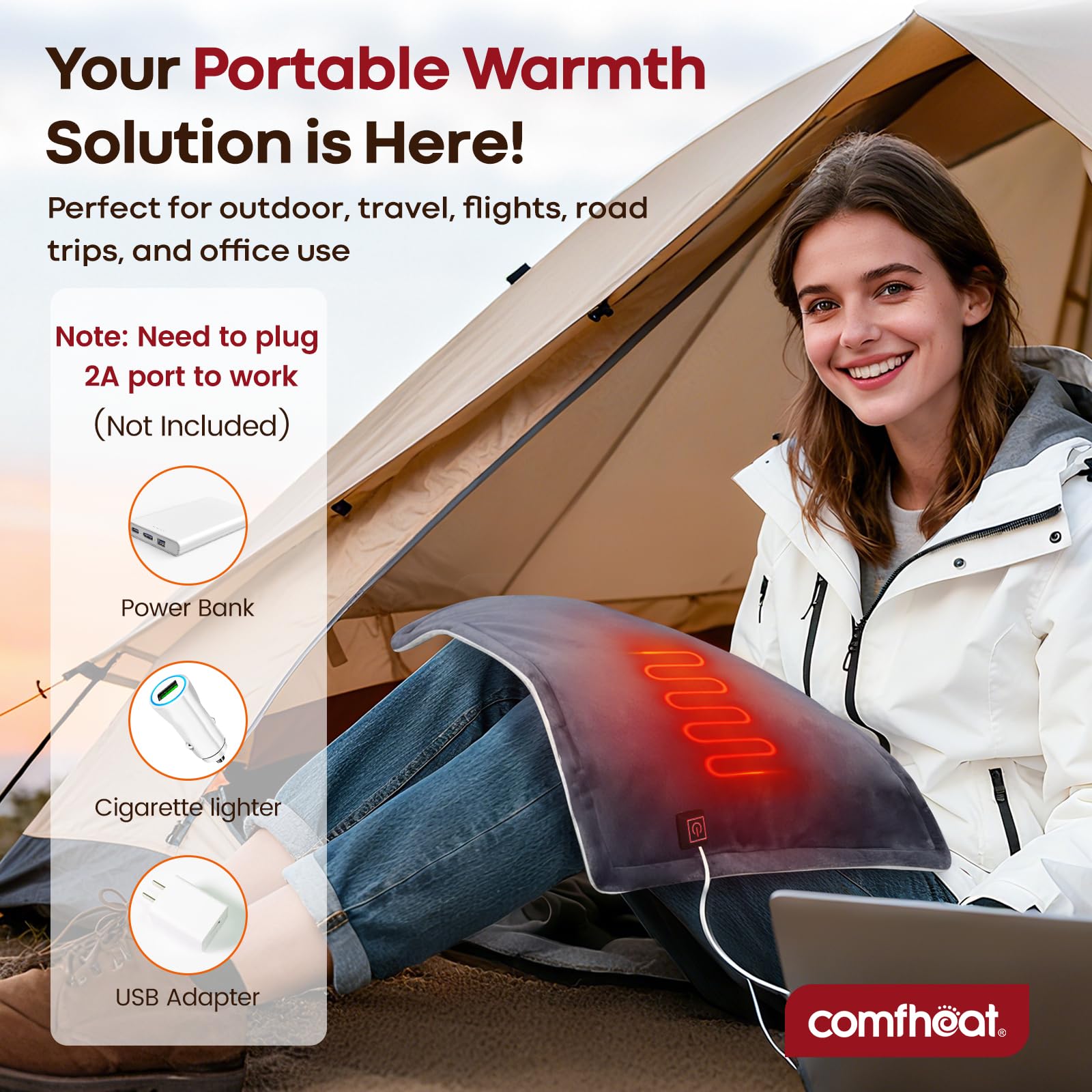 Comfheat portable heated pad laid flat showcasing the compact sixteen by twelve inch dimensions.