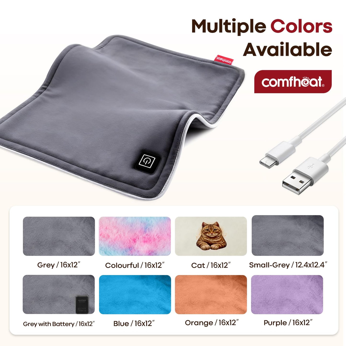 Product packaging and contents including the grey USB heat therapy pad for cramps.