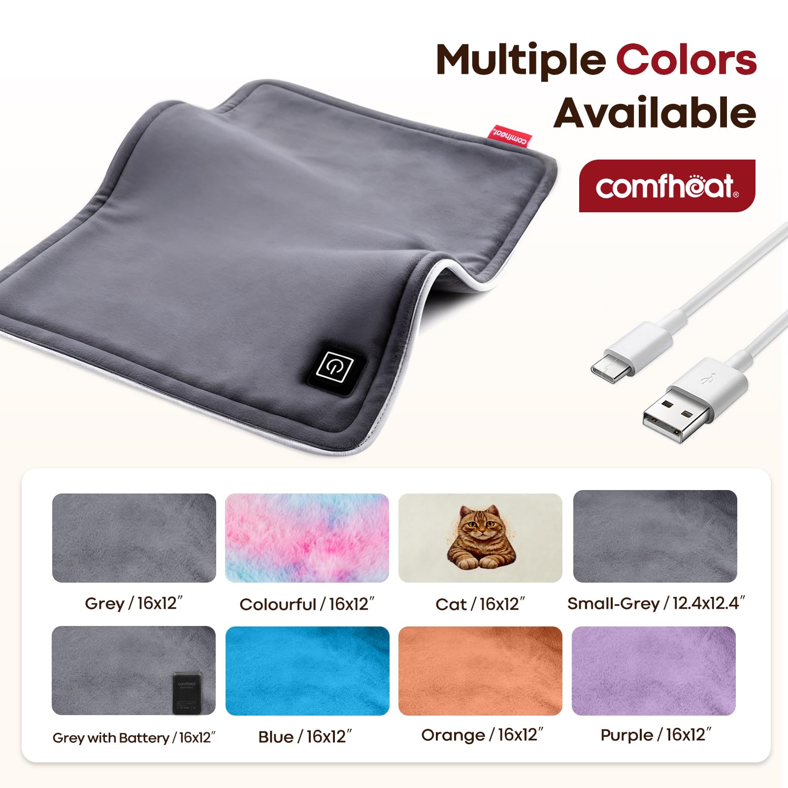 Product packaging and contents including the grey USB heat therapy pad for cramps.