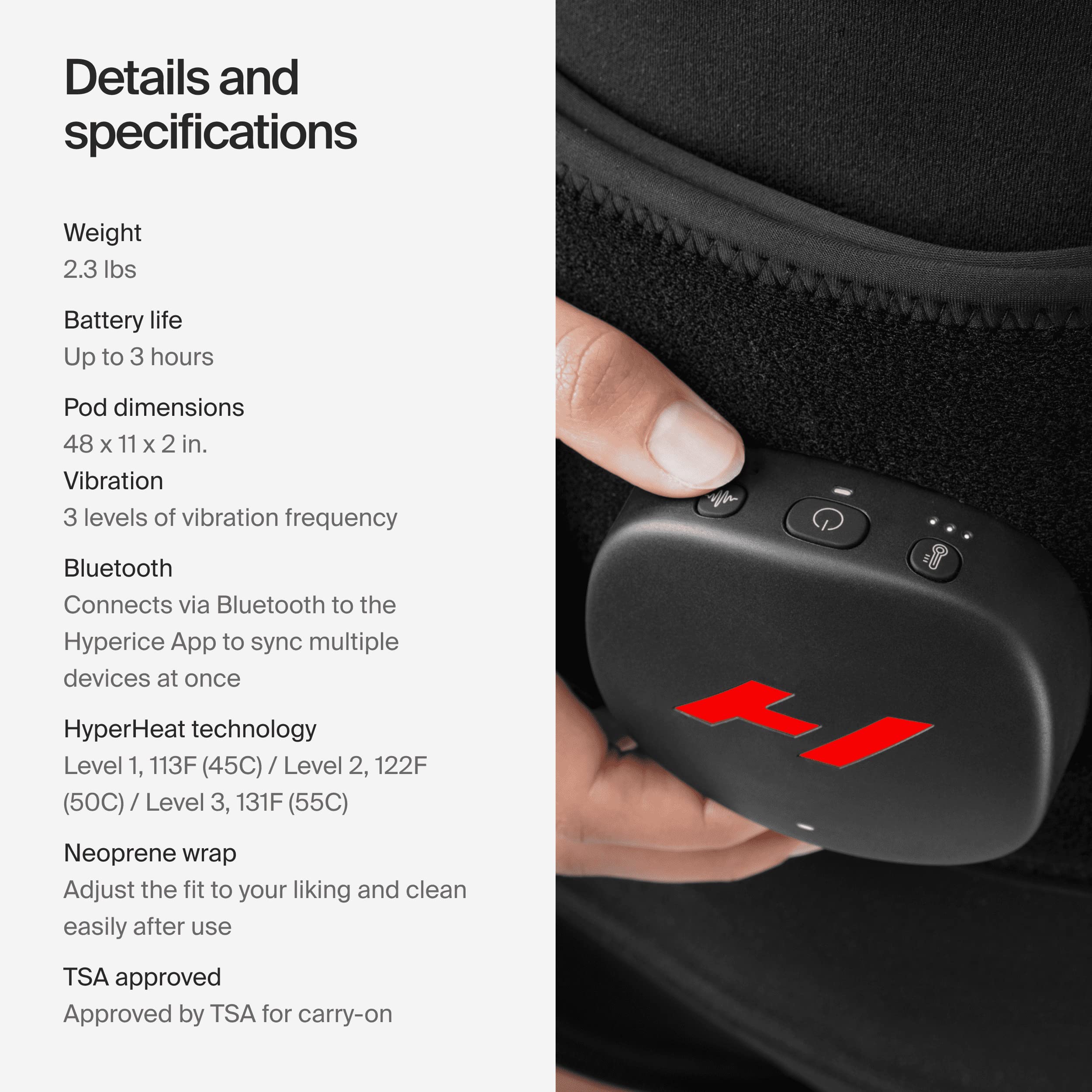 Control pod interface on the heated vibration wrap demonstrating the simple power settings.