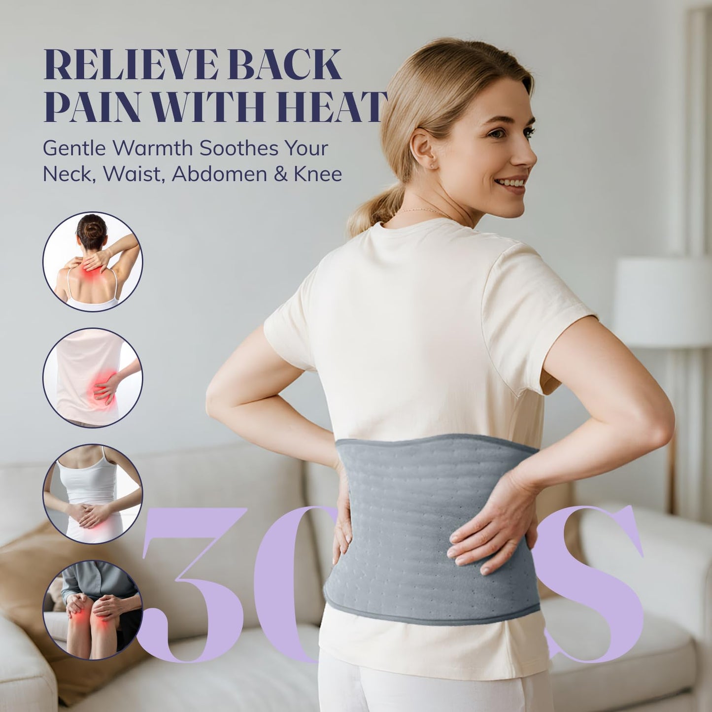 LITLISFlY wearable heating pad for back pain relief attached securely around the waist.