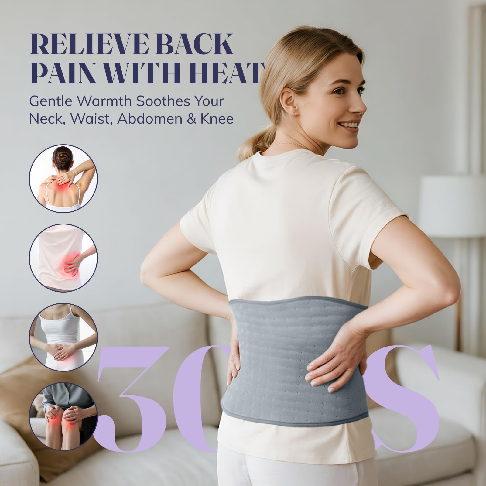 LITLISFlY wearable heating pad for back pain relief attached securely around the waist.