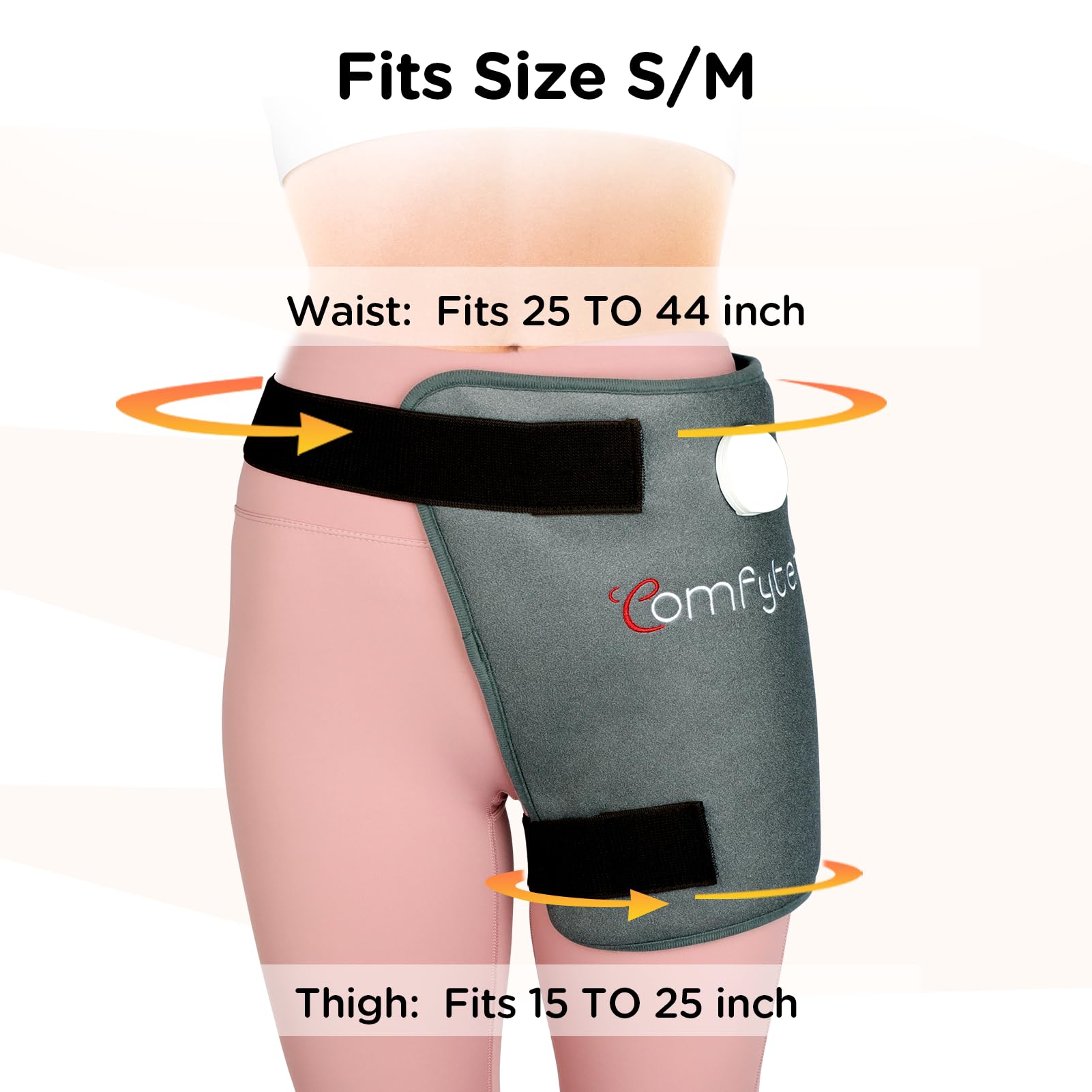Comfytemp wearable heat wrap secured on a person targeting the hip and thigh area.