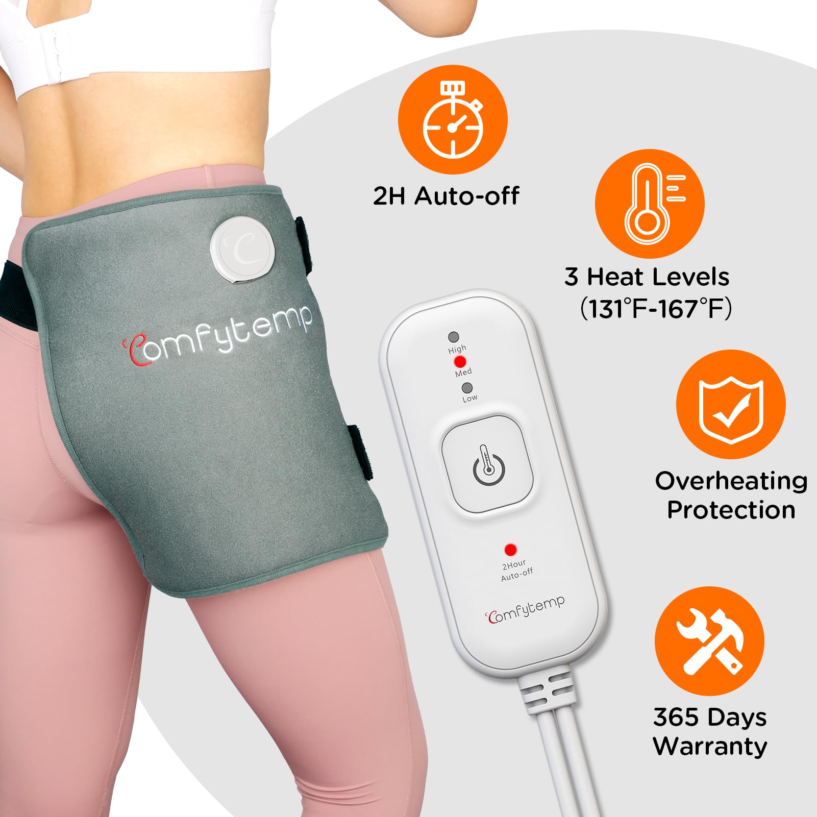 Comfytemp therapeutic heating pad showing the premium soft gray flannel texture.