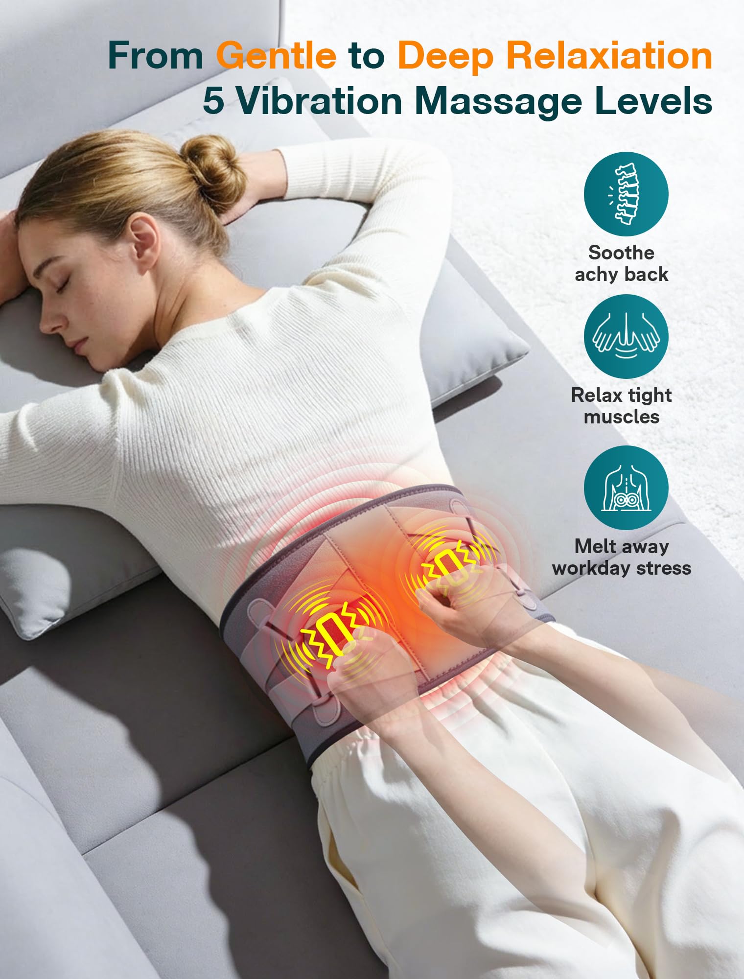 ALLJOY wearable heated brace demonstrating lumbar support pillars on the back.