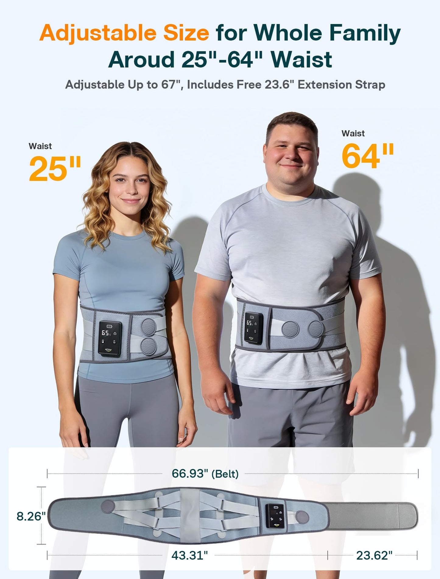 ALLJOY cordless back pain belt package components including the extension band.