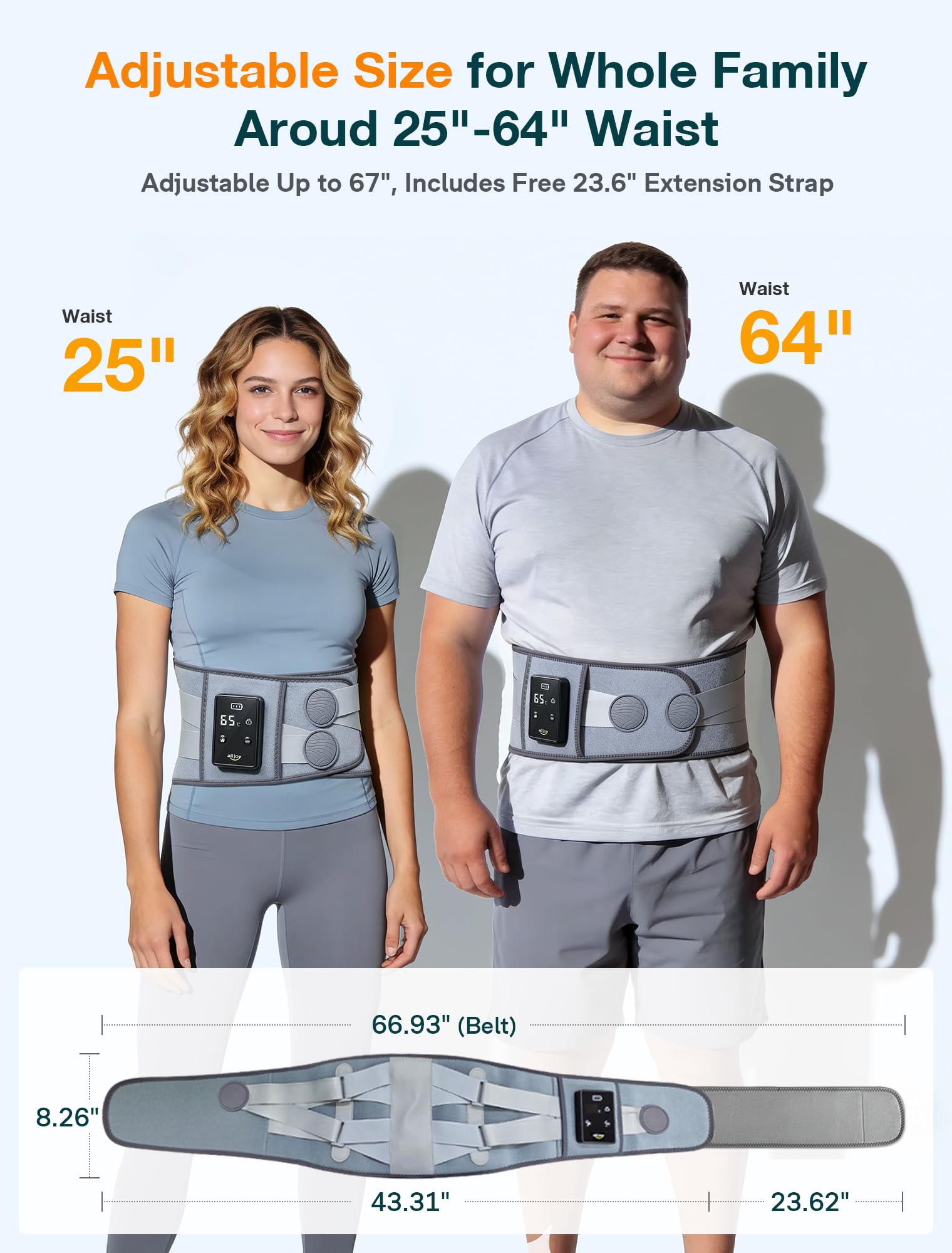 ALLJOY cordless back pain belt package components including the extension band.