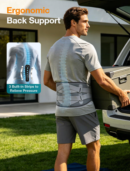 ALLJOY portable heating pad wrap being adjusted on the waist using Velcro straps.