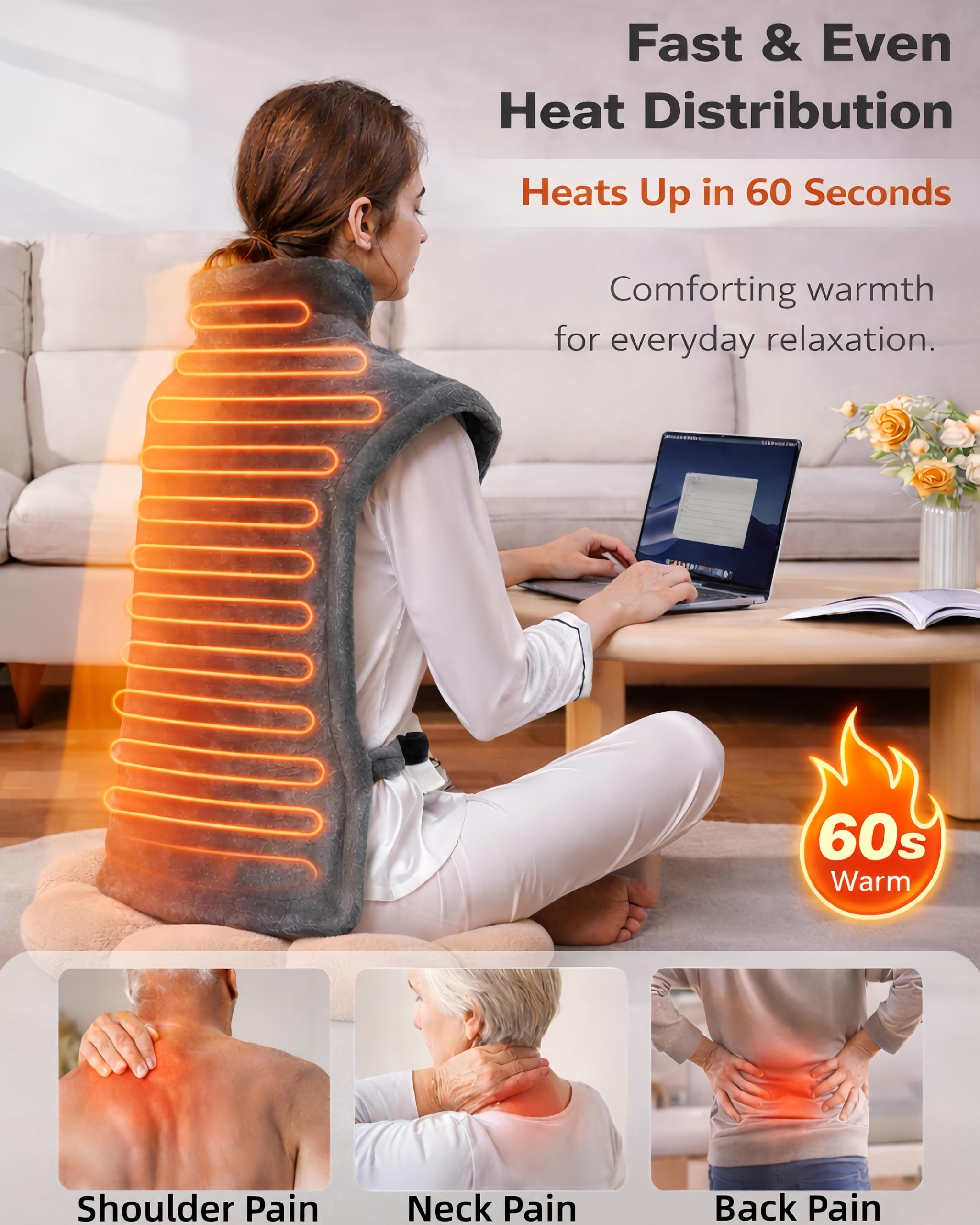 Ergonomic high collar design of the weighted heating pad illustrating full coverage for cervical pain relief.