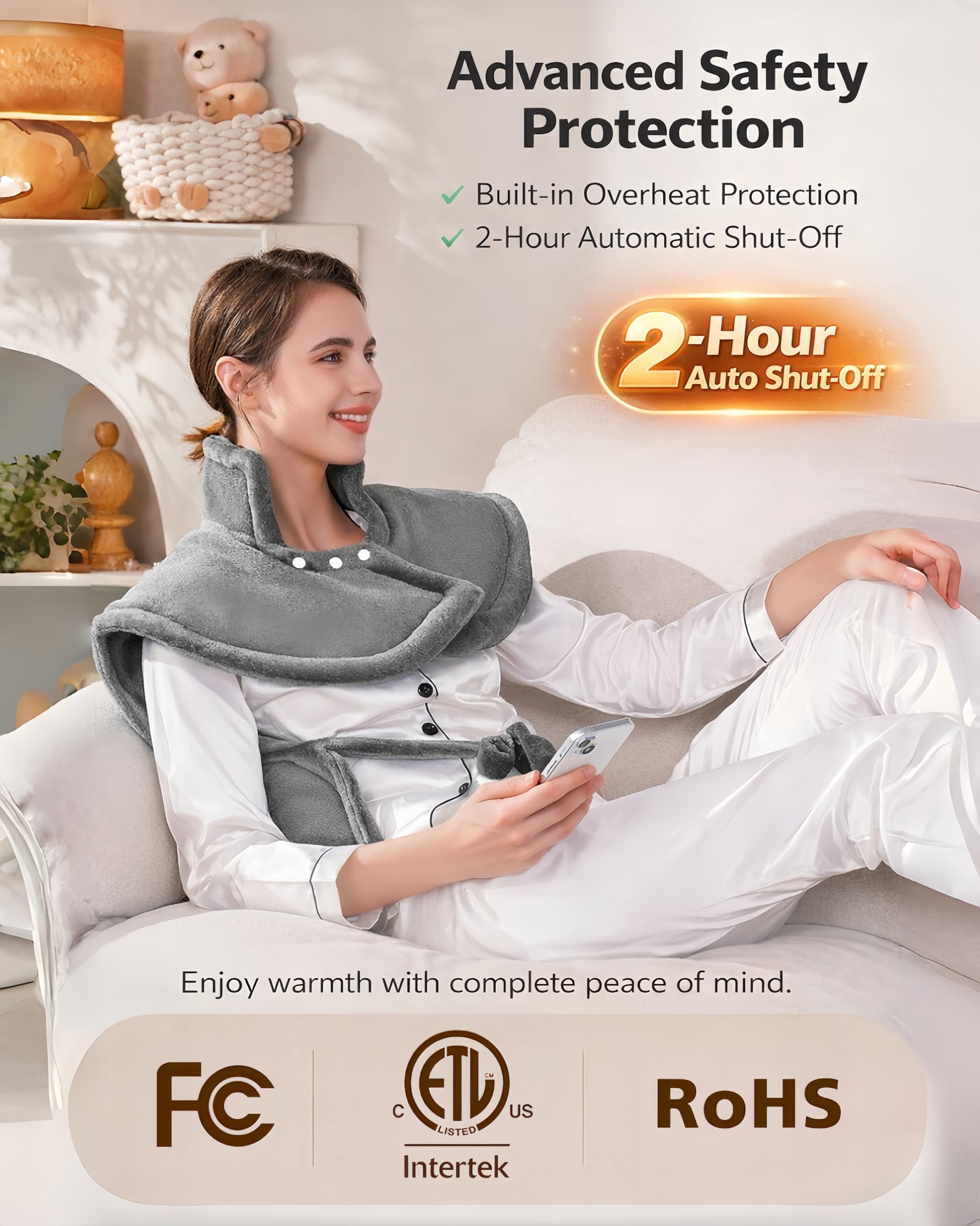 Yokimisu heated wrap laid flat showing the full dimensions and weighted edges designed to hug body curves.