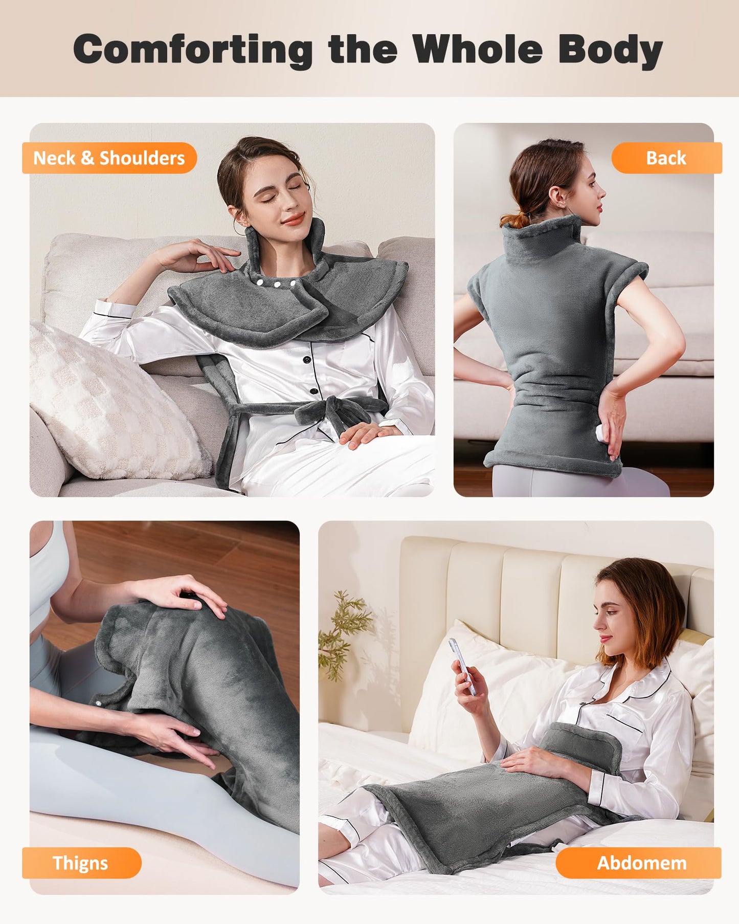 The snap fastener mechanism on the front of the grey neck and shoulder heating pad for hands free use.