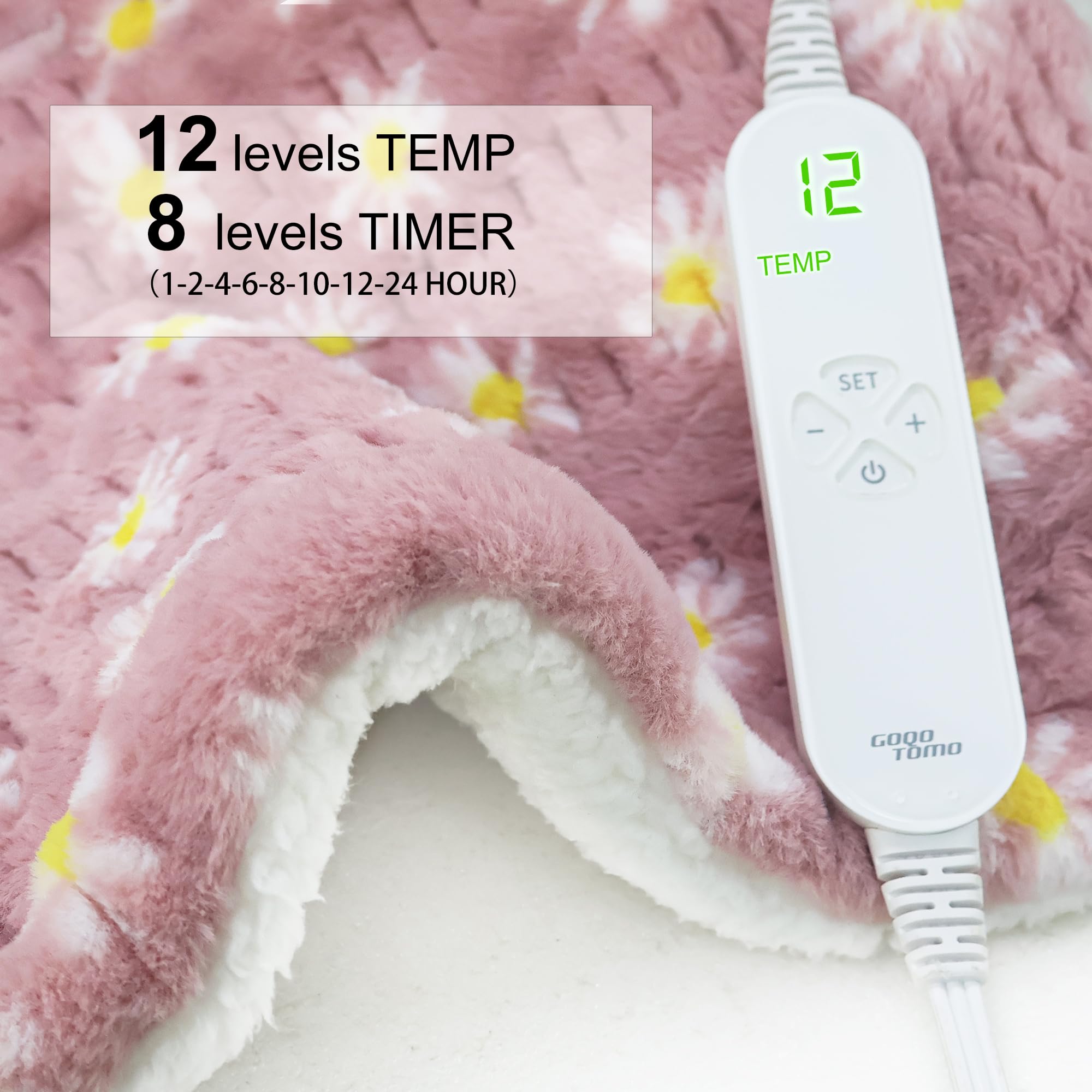 GOQO TOMO premium floral thermal pad showing the thick cream colored Sherpa lining side.