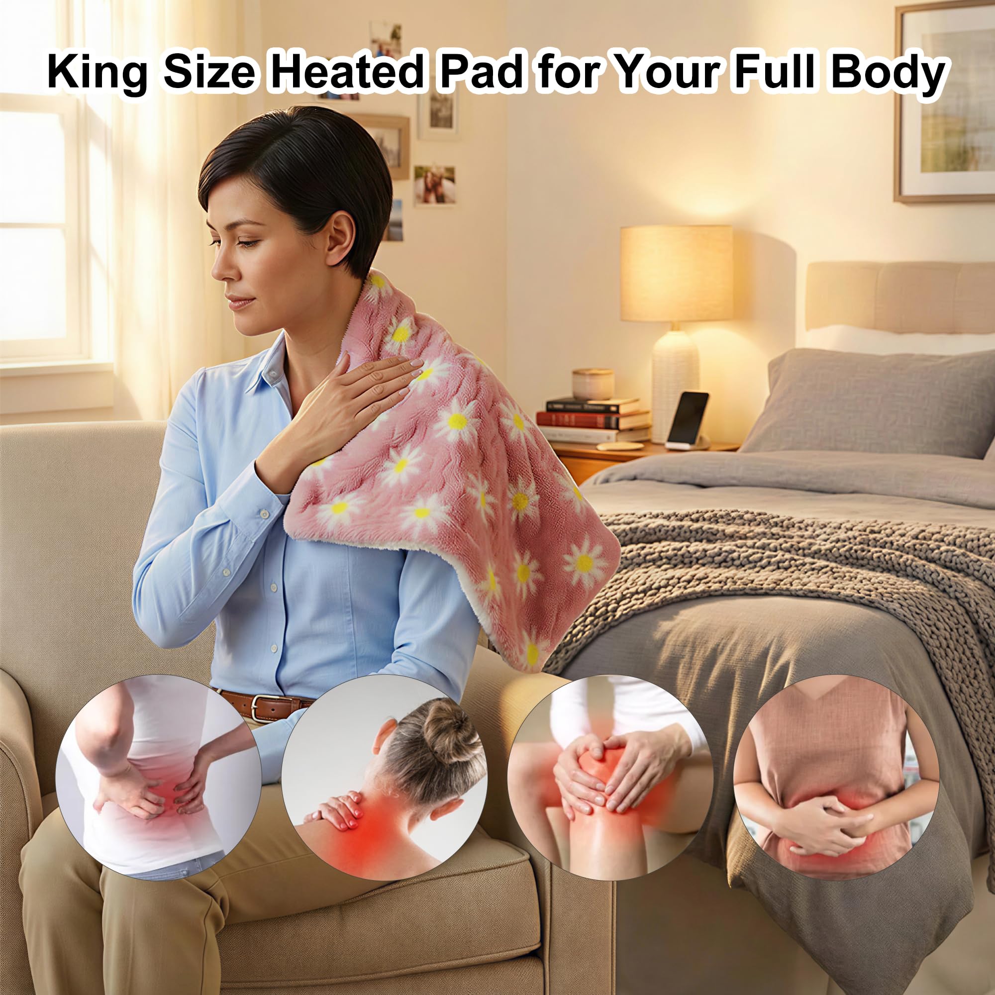 GOQO TOMO twelve by twenty four inch heating blanket draped over a shoulder for targeted neck pain relief.