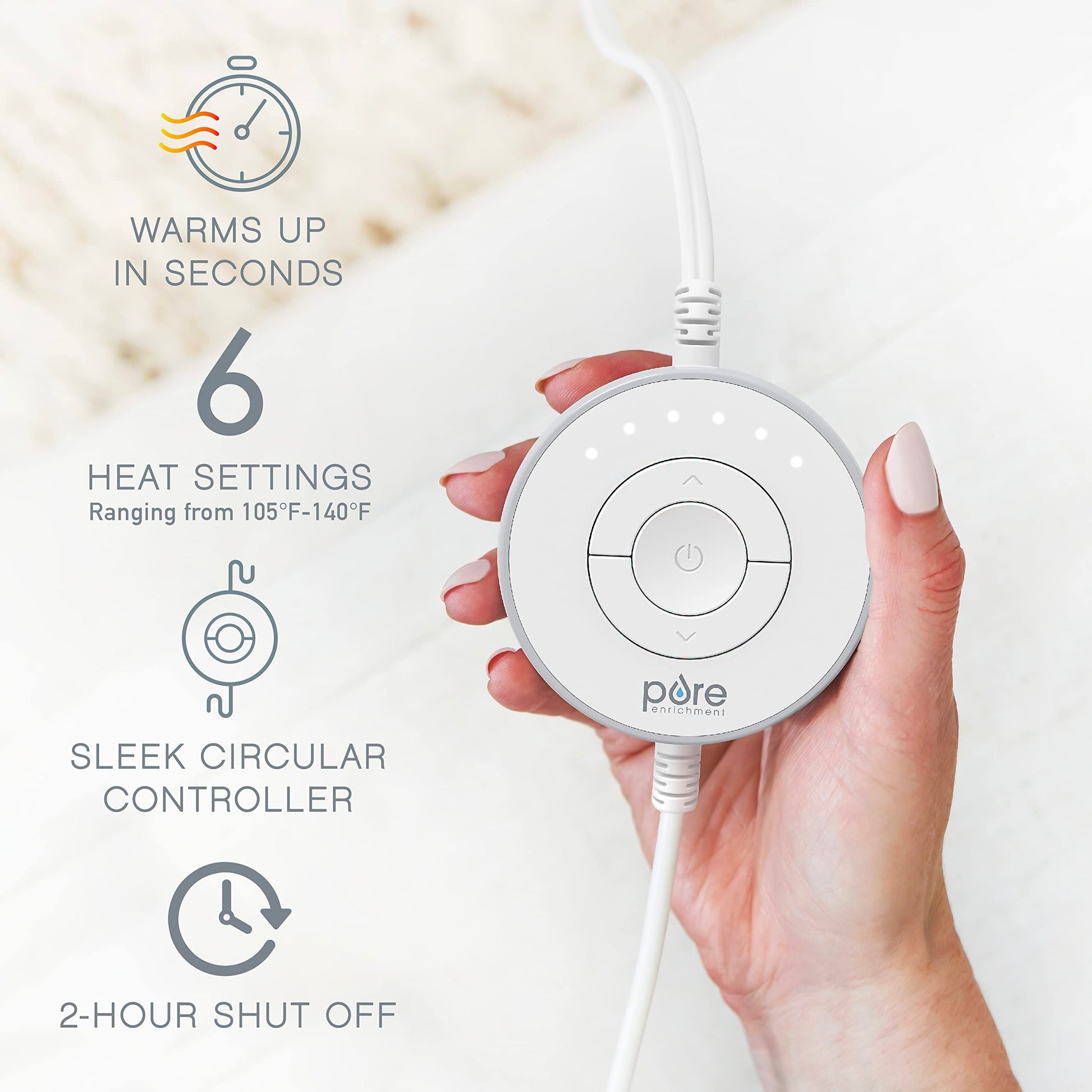 Ergonomic circular LED controller of the Pure Enrichment luxury heat wrap displaying the adjustable heat settings.