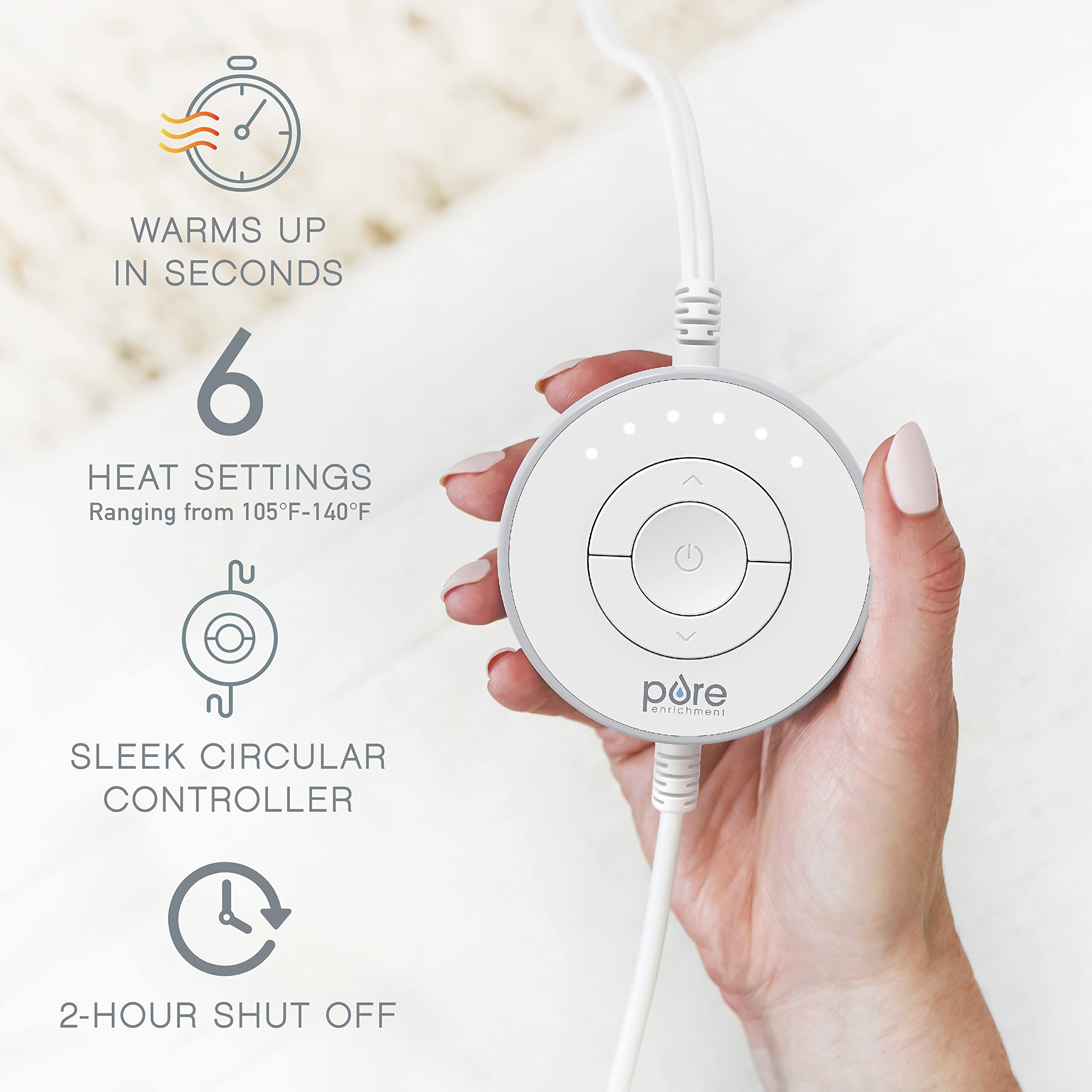 Ergonomic circular LED controller of the Pure Enrichment luxury heat wrap displaying the adjustable heat settings.