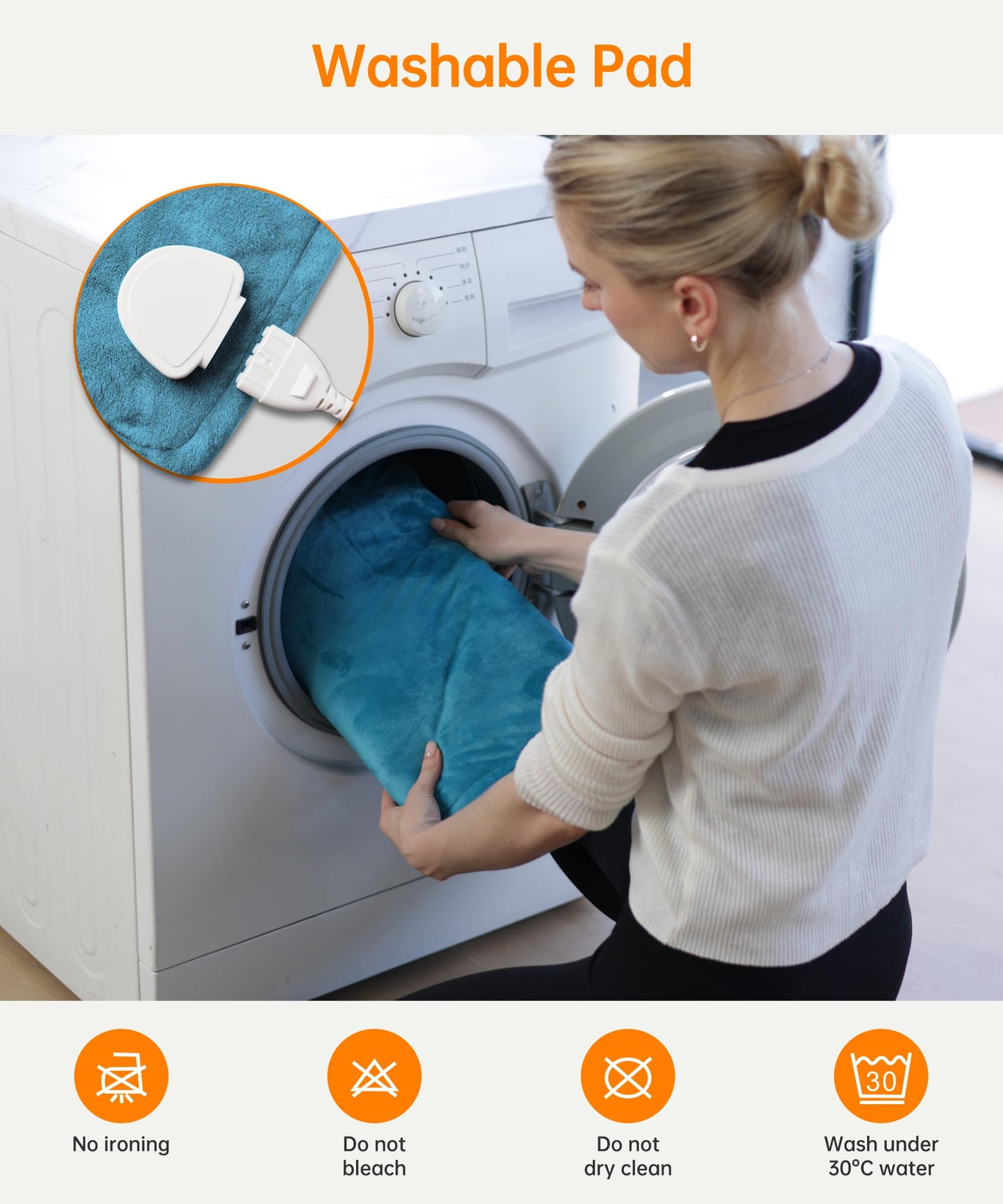 Demonstration of detaching the power cord controller before machine washing the e-commerce item.