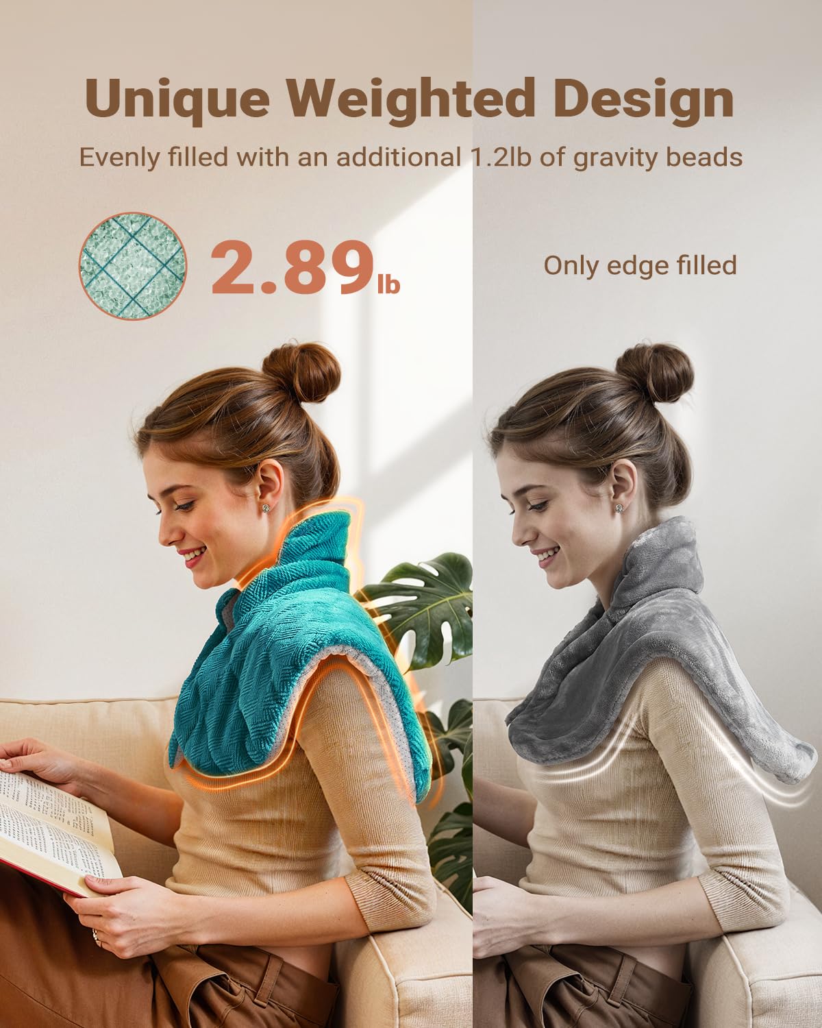 Weighted electric heat wrap on shoulder showing the front closure mechanism