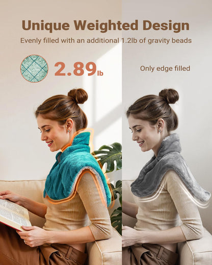 Weighted electric heat wrap on shoulder showing the front closure mechanism