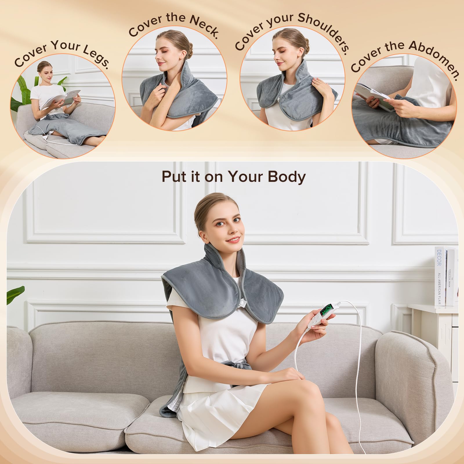 Weighted edges of the grey electric heating pad keeping it securely in place without slipping