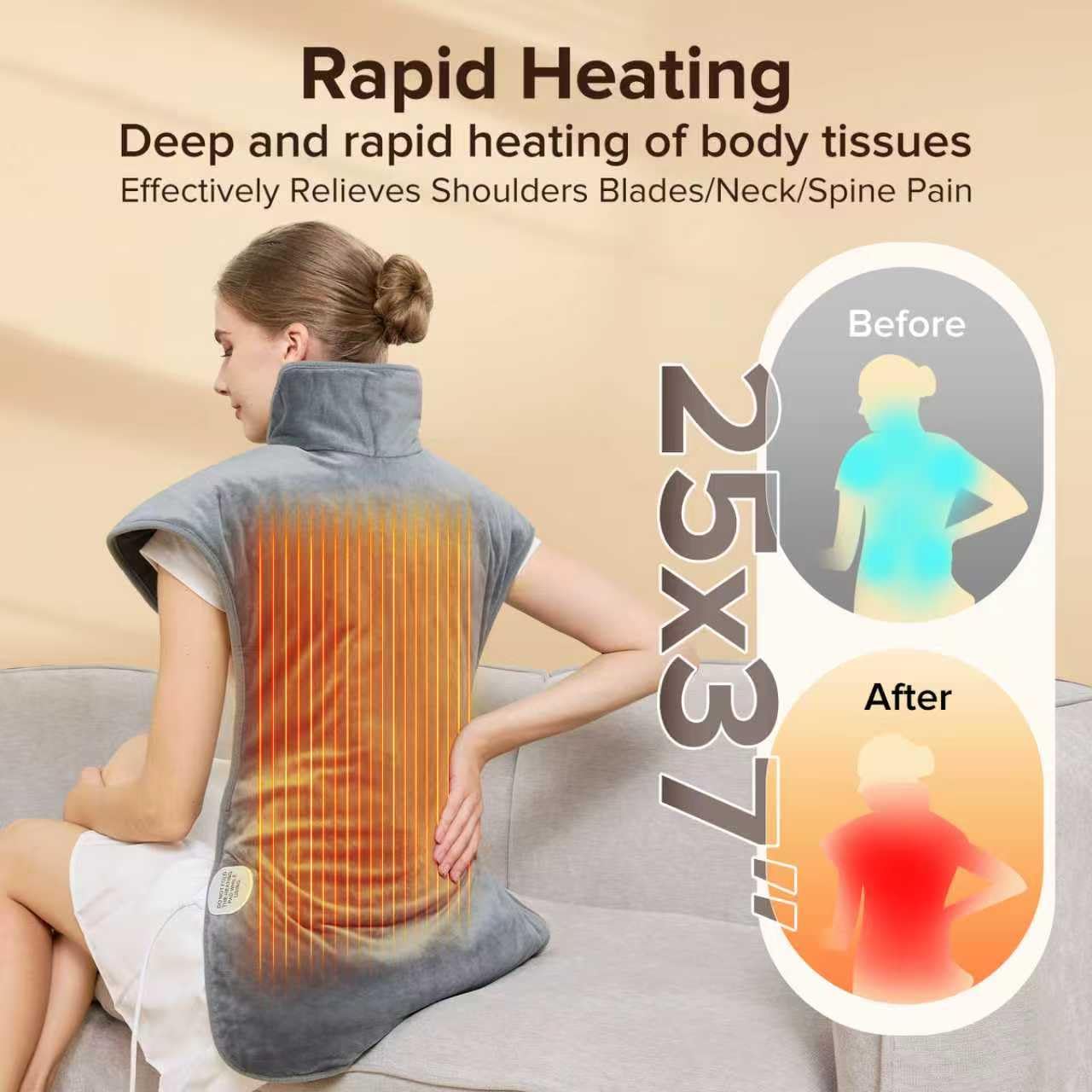Plush fabric heating pad applied to the abdomen for soothing menstrual cramps relief