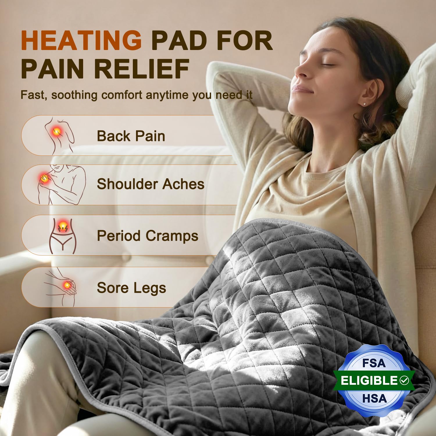 King size thirty-five by twenty inch heating pad laid flat demonstrating large coverage area for back and shoulder pain relief