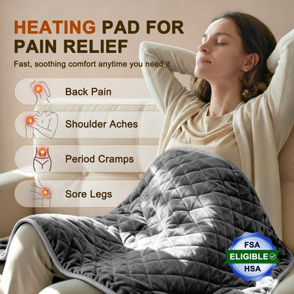 King size thirty-five by twenty inch heating pad laid flat demonstrating large coverage area for back and shoulder pain relief