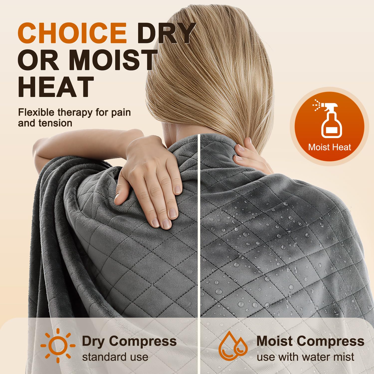 Demonstration of the moist heat therapy function with a mist spray bottle applying water to the velvet heating pad