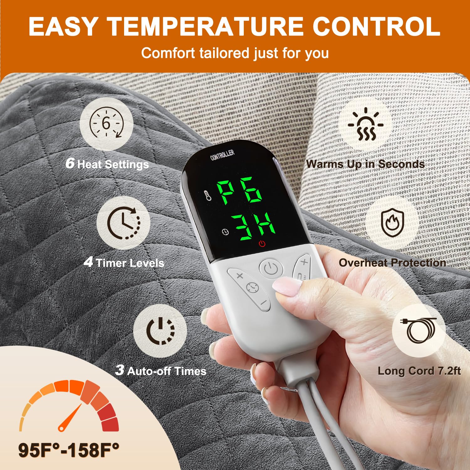 Focbeo heated blanket draped over a shoulder highlighting the high collar design for targeted neck stiffness relief
