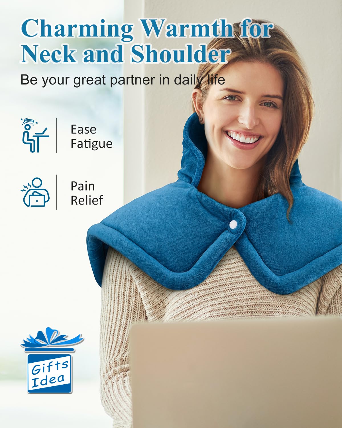 Weighted neck heating wrap showing stone seed edges and controller setup