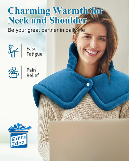 Weighted neck heating wrap showing stone seed edges and controller setup