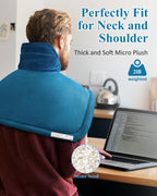 Ergonomic blue heating pad applied on a person for shoulder pain relief