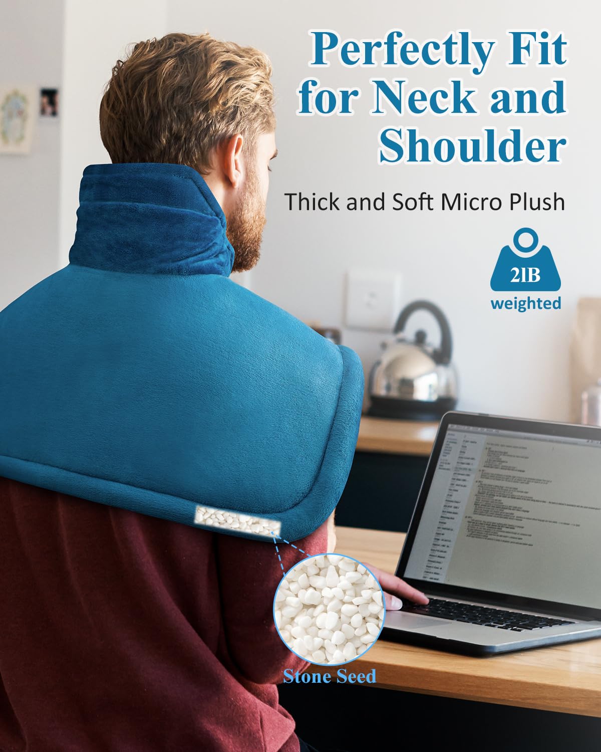 Ergonomic blue heating pad applied on a person for shoulder pain relief