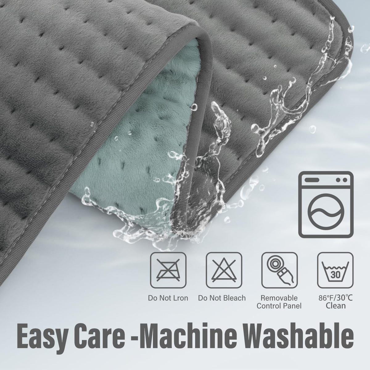 Detachable power cord and control unit separated from the machine washable electric heat pad