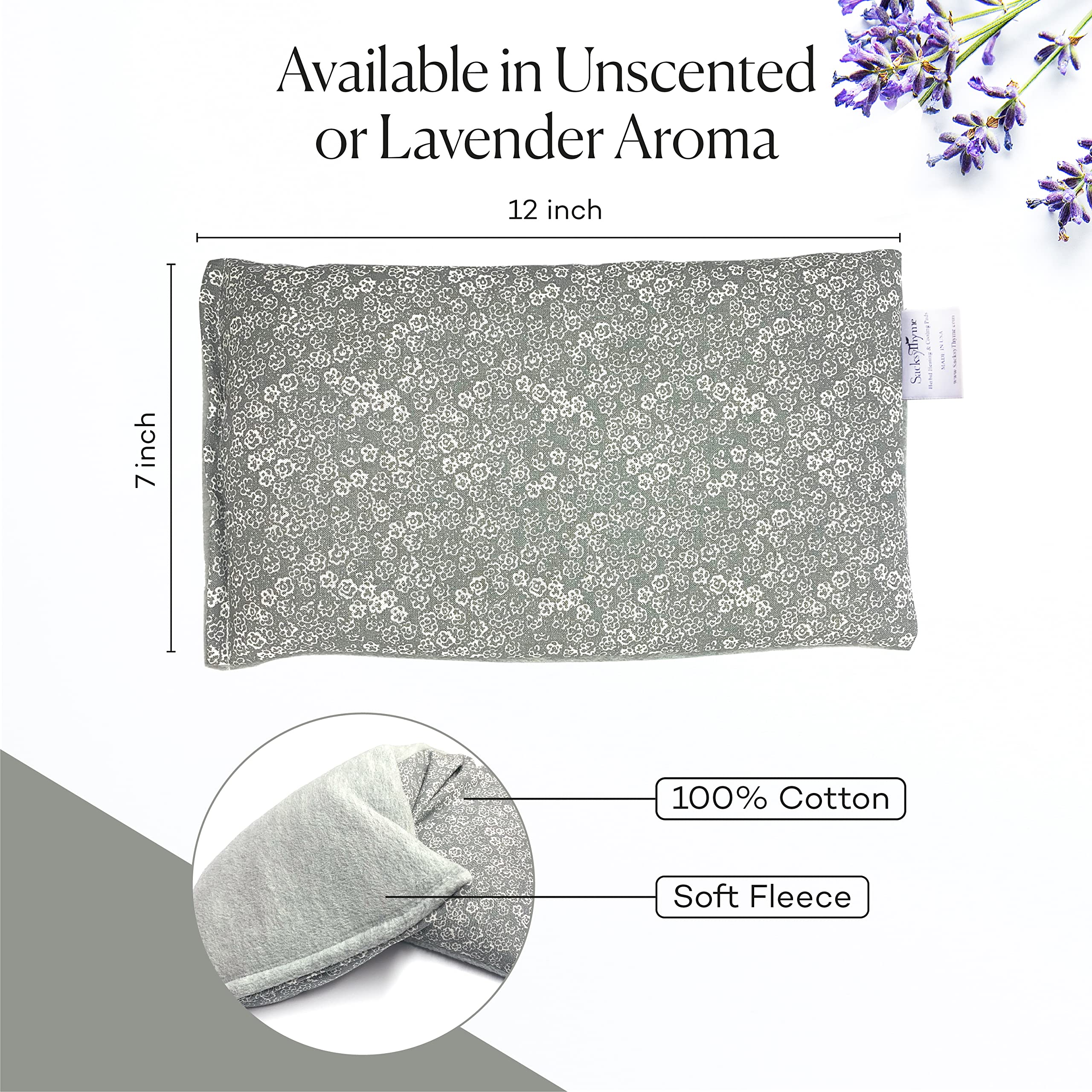 Close up of the high quality stitching and fabric texture on the Sacksy Thyme thermal compress