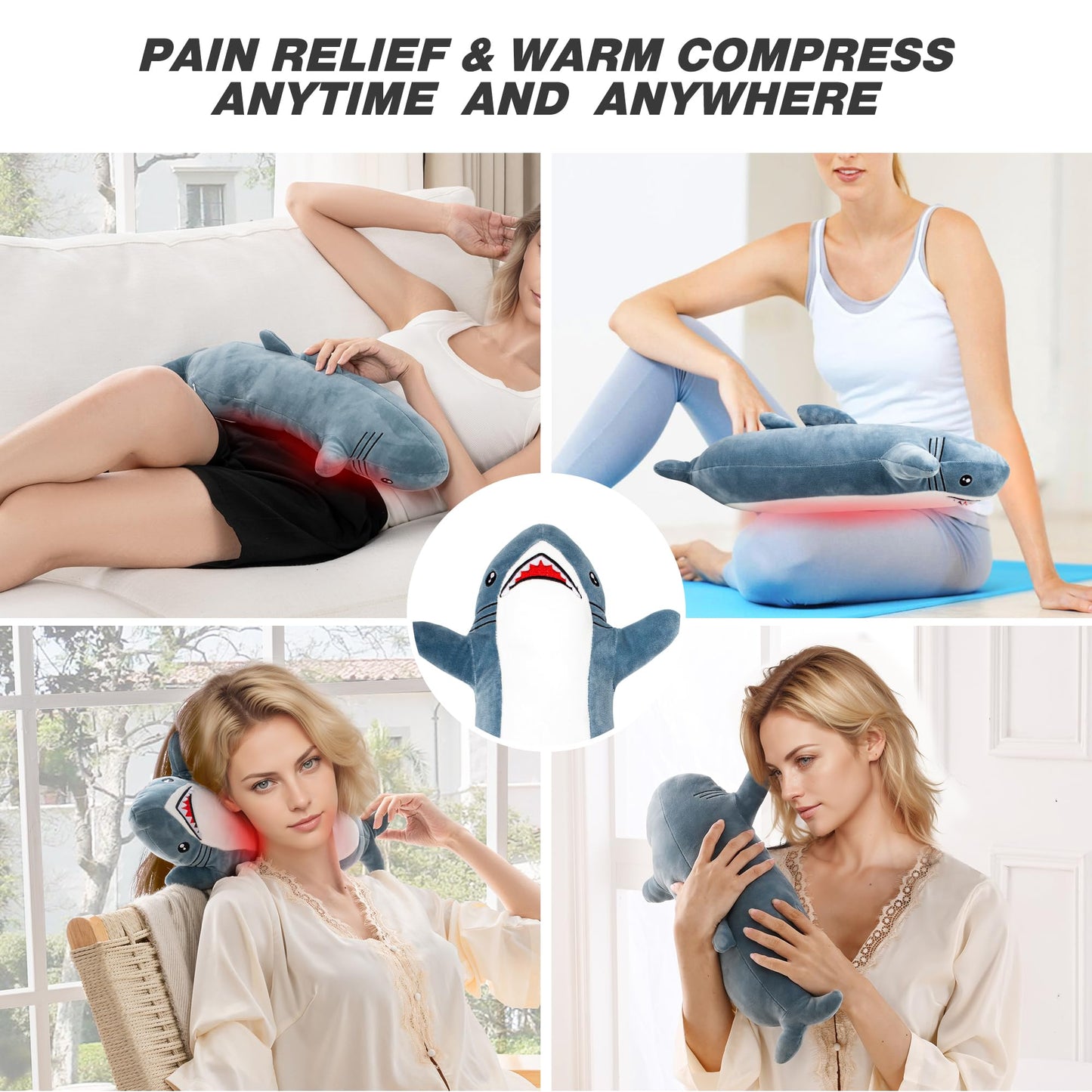 HOTHUGZ portable heating cushion being used on a shoulder to relieve tight muscle stiffness