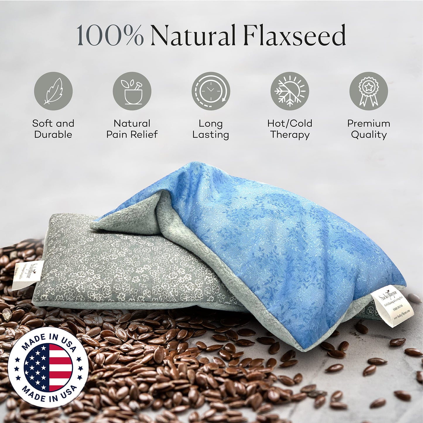 Authentic USA imported Sacksy Thyme packaging showing the unscented organic flaxseed product labels