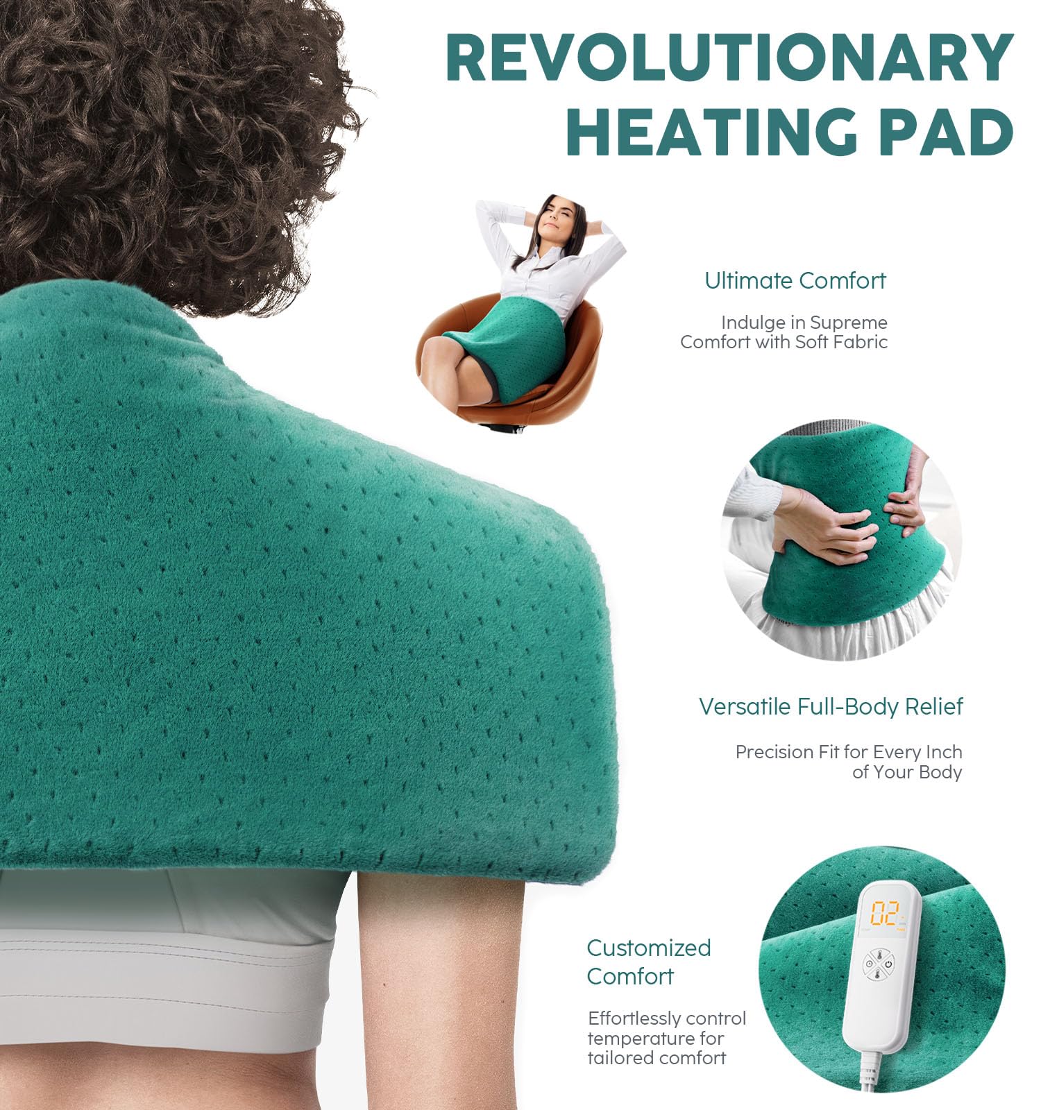 Fanatato extra large therapeutic heat wrap draped over a person's lower back for muscle cramp relief.