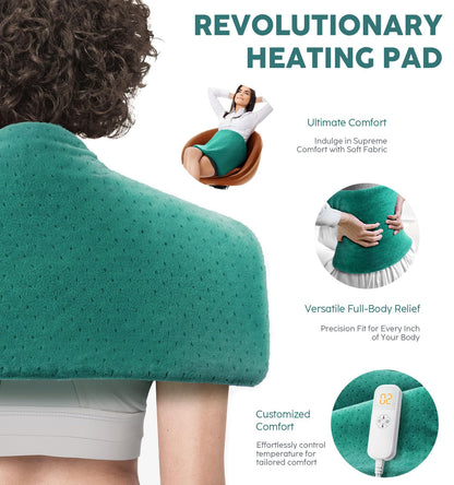 Fanatato extra large therapeutic heat wrap draped over a person's lower back for muscle cramp relief.